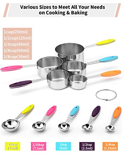 Joyhill Stainless Steel Measuring Cups And Spoons Set Of 10 Piece, Nesting Metal Measuring Cups Set With Soft Touch Silicone Handles For Dry And Liquid Ingredients, Cooking & Baking (Colorful) #TOP1