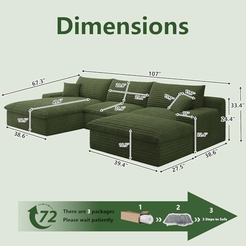 Image of 107 inch Cloud Couch Modular Sectional Sofa for Living Room, U-Shape Boneless Couch with Deep Seat, Modern Corduroy 3-Seater with Ottoman, No Assembly Required (Green,Left-Facing Chaise)