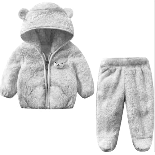 Image of Baby Teddy Bear Ear Soft Flannel Long Sleeve Hoodie & Leggings Unisex All Season Clothing Set For Baby Boys And Baby Girls