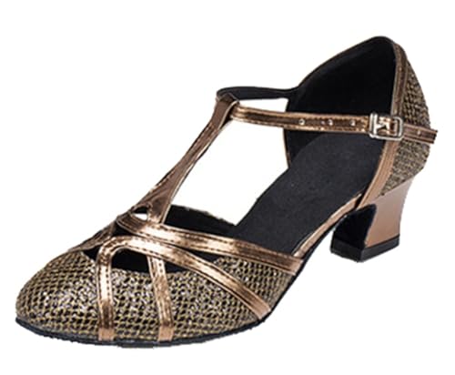 MGM-Joymod Zapatos de baile latino modernos para mujer, T-Starp cerrados con purpurina, para boda, tango, salón de baile, color Marrón, talla 41 EU