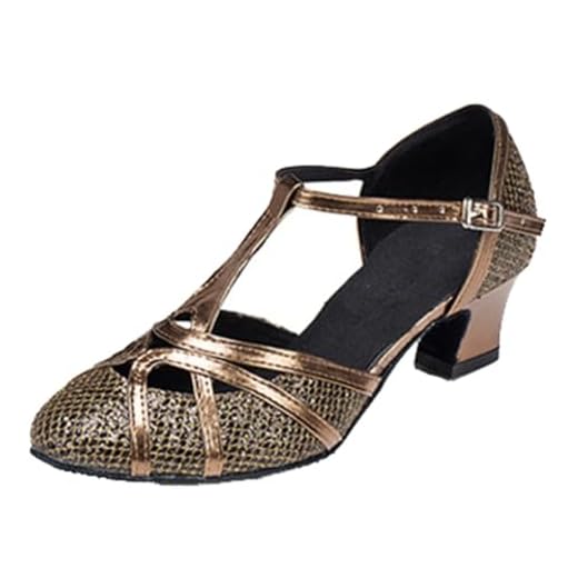 MGM-Joymod Zapatos de baile latino modernos para mujer, T-Starp cerrados con purpurina, para boda, tango, salón de baile, color Marrón, talla 41 EU