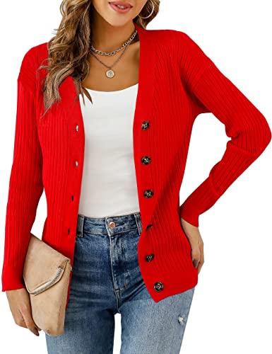 Lienridy Women's Long Sleeve Knit Sweater Open Front Cardigan Button Outerwear, Red, S #TOP5