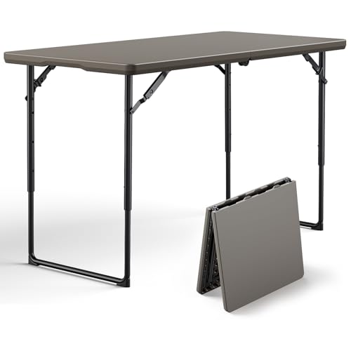 Image of Folding Table, 4FT Foldable Picnic Table with Adjustable Height, Heavy Duty Fold-in-Half Portable Table for Weddings, Camping, RV Travel, Parties, BBQs, and Indoor Use, Easy to Fold and Store, Khaki