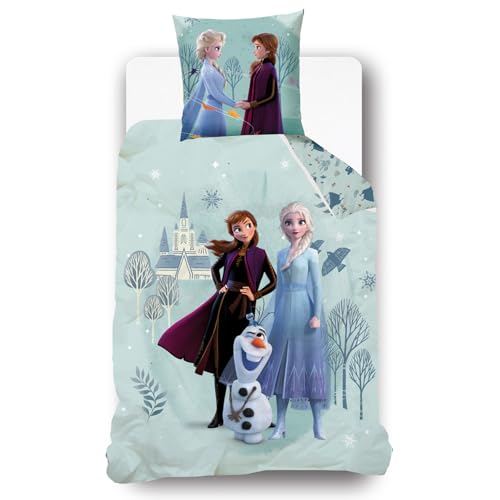 Disney - Housse de Couette Disney Reine des neiges Elsa et Anna - 140x200 cm + 1 taie d'oreiller - 100% Coton - Bleu