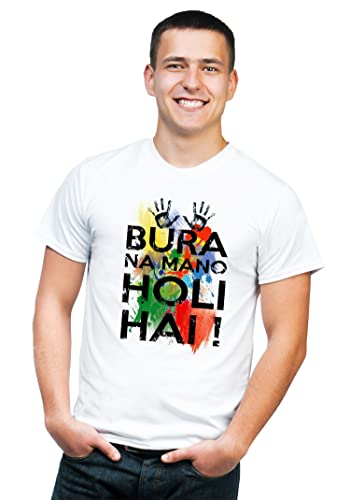 Image of Knitted Polycotton Fabric Regular Fit Men Boys Half Sleeve T-Shirt for Festival of Holi Style 21 White Size : Free