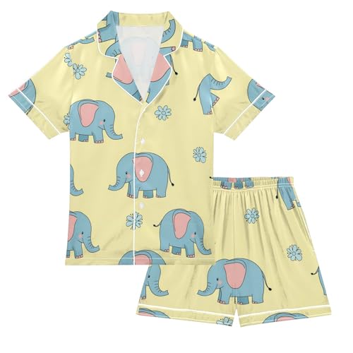 Satin Pajama Sets Short Sleeve Elephant Flower Pattern Print Button Down Silky Nightwear 2 Piece PJS 5-14Y