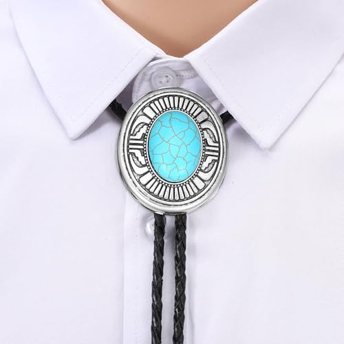 Image of AZORA Western Cowboy Bolo Tie Men Leather Necktie Leather Cord Turquoise Stone Bolo Ties for Men Women