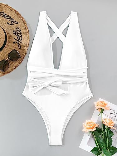 Lilosy Sexy Lace Up Plunge Neck Backless High Waisted Low Cut Leg Rise Thong Cheeky Brazilian 1 Piece Bikini Swimsuit Women Back Bathing Suit Tie Criss Cross Monokini Bride White Medium #TOP3