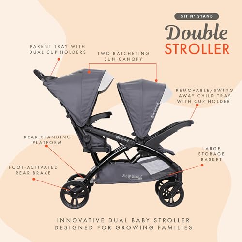 Image of Baby Trend Sit N' Stand Tandem Double Stroller 2.0 DLX with 5 Point Safety Harness, Shaded Canopy, 2 Cup Holders, and Ample Storage Space, Magnolia