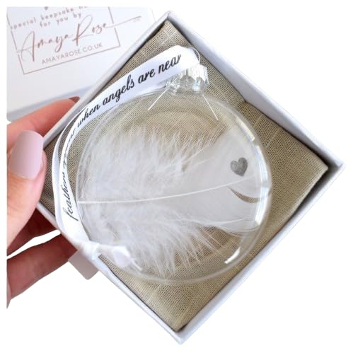 Heart Stamped Real White Feather in Glass Round Bauble. Gift