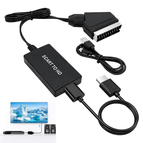 Menibeuty Conversor de euroconector a HDMI con cable HDMI de 1 m y cable USB, adaptador euroconector a HDMI, entrada HDMIVideo Audio Transductor HD 1080P Compatible para HDTV STB VHS X6ox PS3 Sky DVD