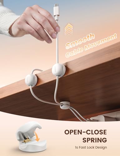 لاميكال مشابك الكابلات، حامل منظم الأسلاك الزنبركي - عبوة من 6 قطع أحدث مشابك إدارة كابلات المكتب المدمجة، حامل سلك شحن الهاتف لطاولة السرير، منظم الأسلاك اللاصق بفتحة 8 مم (أبيض)