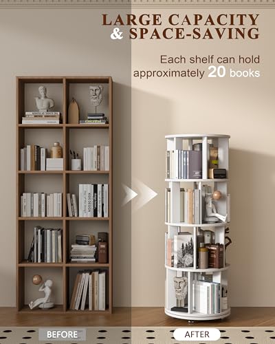 Image of IUNVR 4 Tier Rotating Bookshelf Tower Spinning Bookshelf with Swivel Wheels Book Shelf Rotating Storage Tower for Kids Adult Narrow Solid Wood Revolving Bookcase Organizer for Bedroom Living Room