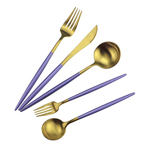 Gugrida Purple Gold Flatware, Royal 5 Piece Matte Purple Handle 18/10 Stainless Steel Tableware Sets For 1 Including Forks Spoons Knives, Camping Silverware Travel Utensils Set Cutlery (Purple Gold) #TOP6