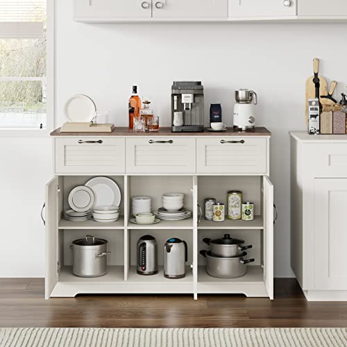 Kitchen Sideboard Buffet Cabinet With Storage, 15.7"D X 47.2"W X 35.1"H, Buffet Server Bar With 3 Shutter Doors And 3 Drawers, Wine Cabinet, Coffee Bar Cabinet For Living Room, Dining Room, White Oak #TOP1