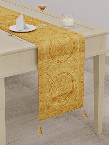 Image of Diwali Decor Brocade Jacquard Silk Table Runner Long Runner for Dinning & Centre Table Mandala Print 72 x 16 Inches (Gold)