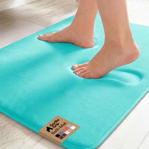 Image of GORILLA GRIP Memory Foam Bath Rugs, Soft Absorbent Velvet Bathroom Mats, Durable Dots on Underside, Machine Washable Bathmat, Carpet Rug Room Decor for Shower Floor, 24x17 Mat, Turquoise
