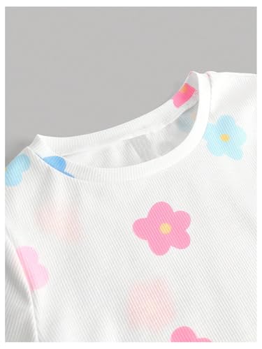 WDIRARA Girl's Floral Print Lettuce Trim T Shirt Short Sleeve Crew Neck Tee Rib Knit Slim Fit Crop Tops3