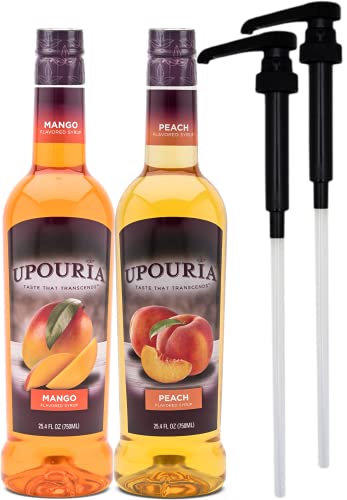 Upouria Mango & Peach Flavored Syrups, 100% Vegan and Gluten-Free, 750ml bottles - Set of 2 - Pumps included