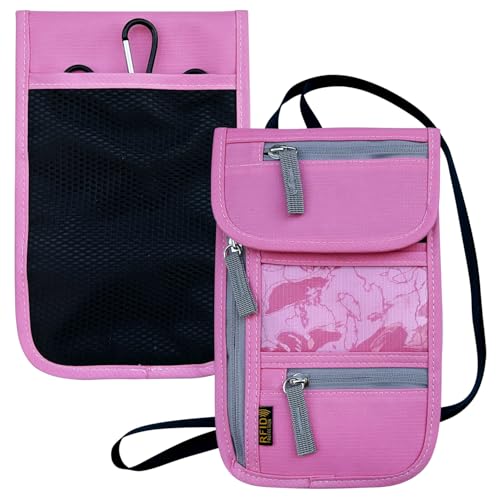 Travel Neck Wallet, RFID Blocking Passport Holder with Adjustable Neck Strap for Men and Women to Keep Cash, Credit Cards and Travel Documents Safe - Pink