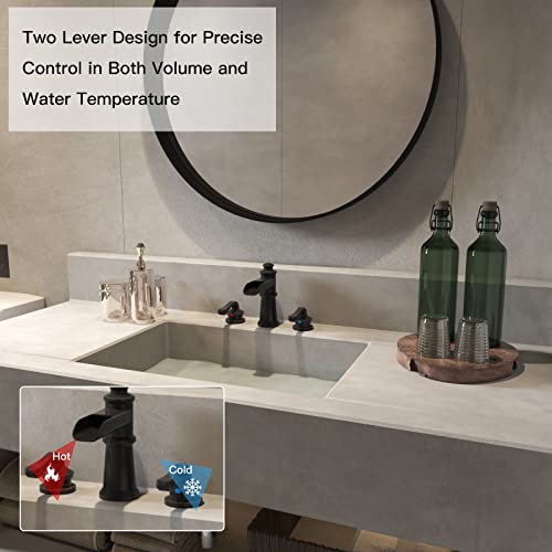 Bwe Waterfall Widespread Bathroom Faucet 3 Hole Sink Farmhouse With Oil Rubbed Bronze Bath Bathtub Faucets Pop Up Drain Stopper Assembly And Supply Line Lead-Free 8-16 Inch 2 Handle Vanity Lavatory #TOP2