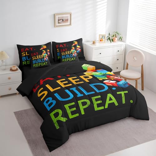 Image of Feelyou Colorful Toy 7 Piece Bedding Set Teen Women Men Funny Building Blocks Decoration Comforter Set with Sheets King Size Kids Boys Cute Games Bed in a Bag Colorful Geometric Brick Room Decor