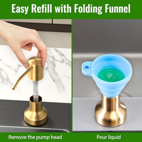 Image of Soap Dispenser for Kitchen Sink, Kitchen Sink Soap Dispenser with 17 OZ Bottle, Refill from The Top Bar, Longer Threaded Shaft Shank, Wide Pump Head Base (Golden)