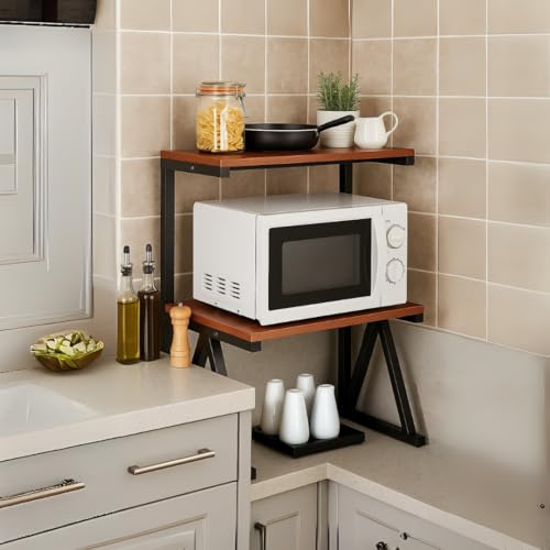 Image of 2-Tier Microwave Oven Stand - Heavy-Duty Black Metal DIY Kitchen Rack with Hooks - Rust-Proof, Space-Saving Organizer for Microwave, Air Fryer, Mixer & Utensils