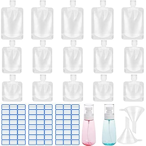 Ledeak 15 Pcs Portable Travel Fluid Makeup Packing Bag, Travel Refillable Empty Squeeze Pouch Portable Spout Pouch with Funnel, Travel Liquid Dispensing Bags for Lotion Shampoo Face Cream Hand Soap Cover