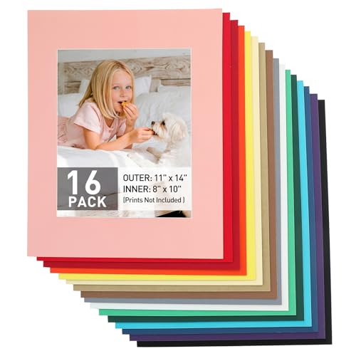 MAXECHO 16 Pack 11x14 Picture Mats Mixed Colors Pre-Cut Beveled Frame Matte Boards for 8x10 Photos Prints and Artworks