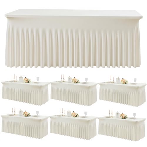 Image of Outpain 6ft Spandex Table Cloth for Standard Folding Tables-6Pack Ivory Table Cloth Table Protector for Party, Wedding, Cocktail, Banquet, Festival