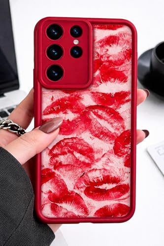 Image of COVERLY Lips Back Case Cover Compatible for Samsung S26 Ultra 5G | Hot 3D Sexy Lips Retro Embossed | 360 Camera Protection | Lip Kiss Print Cute Soft Touch Liquid Silicone Phone Case (TPU | Love Red)