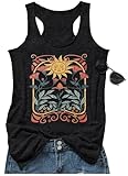 Boho Tank Tops for Women Vintage Floral Graphic Racerback Tank Tops Summer Western Tops Outfits Beach Vacation Tank Tops(Large,Floral Sun Grey)