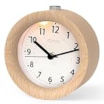 aboveClock Alarm Clock Bedside, No Ticking Bedside Clock with Snooze and Night Light Function, Analogue Clock Battery Powered for Bedroom, Home, Kitchen, Travel, Natural Wood