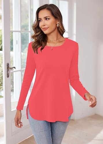 Image of Herou Women's Casual Long /Short Sleeve T Shirt Crewneck with Side Split Fall Pullover Loose Tunic Sweater Tops