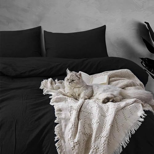 Soifox Double Duvet Cover Set - Black Bedding Set Double Bed with Zipper Closure, Soft Microfiber Quilt Cover with 2 Pillowcases - Image 2