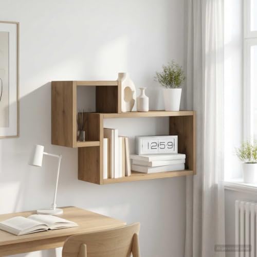 Image of Ziaphsol Wall Shelf, Artisan Oak 55 x 15 x 35 cm, Wall Mount, Wood Material, Modern Design, Space-Saving, Multifunctional for Living Room, Kitchen, Bathroom, Hallway, Office