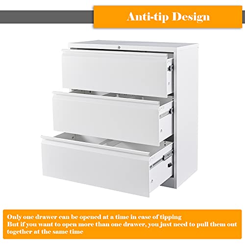 Vingli 35.5" Wide 3 Drawer File Cabinet With Lock, Classic White File Cabinets For Home Office, Minimalist Metal Lateral File Cabinet & Printer Stand For Letter/Legal Size File Folders With Tabs #TOP5