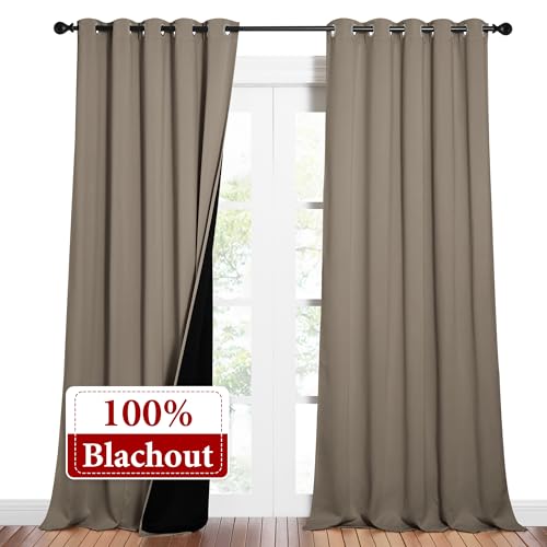 Image of NICETOWN Total Shade Curtains and Draperies, Heavy-Duty Full Light Shading Drapes with Black Liner Backing for Villa /Hall /Dorm Window（Taupe, Package of 2 Panels, 62 inches Wide x 95 inches Long