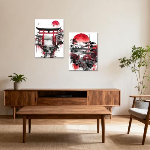 Image of Frimeeme 2Pcs Japanese Canvas Wall Art, Ready to Hang,Framed,12x16 inches | Red Black Landscape Prints, Modern Minimalist Asian Oriental Decor