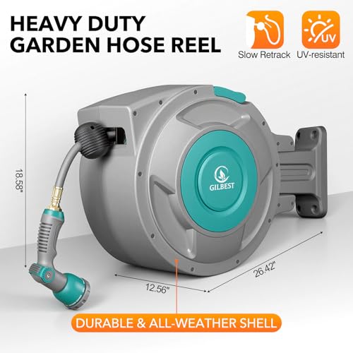 Image of 5 /8 inch x 100 ft Retractable Garden Hose Reel, Heavy Duty Water Hose Reel Wall Mounted, Any Length Lock, 180Swivel, Retractable Hose with 10-Function Nozzle for Cleaning, Watering (Green)