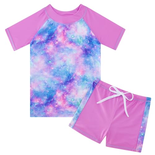 Image of AIDEAONE Girls Rash Guard Swimsuit Short Sleeve Two Piece Bathing Suit Size 3-12T