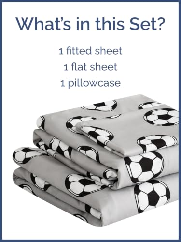 Image of Kids Twin Size Soccer Bed Sheets - 3 Piece Kids Soccer Sheet Set - Athletic Sporty Bedding - Ultra-Soft, Cute & Cozy - Breathable & Machine Washable - Grey Bed Set for Boys, Girls, Teens & Toddlers