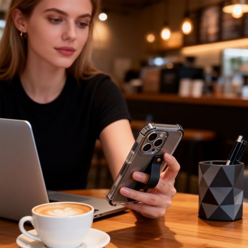 Coque transparente iPhone 14 Pro avec sangle de préhension premium noire