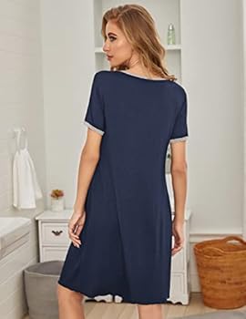 Ekouaer 2-delig nachthemd voor dames, korte mouwen, sleepshirt, V-hals, nachtjurk, print, slaapshirt, tweedelige nachtjurk, grote nachtkleding met zakken, zwart en wijnrood, L