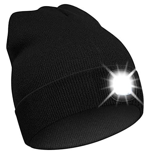 tonhui LED Mütze mit Licht, Wiederaufladbare USB Laufmütze mit Licht 4 LED 3 Stufig Dimmbar, Unisex Winter Wärmer Strickmütze mit Licht, Geeignet zum Radfahren, Angeln, Camping - Schwarz