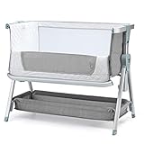 RELAX4LIFE Culla Neonato Fianco Letto con Cesto Portaoggetti, Culla next to me con Materasso e Cinghia Fissaggio, Regolabile In Altezza 7 Posizioni, per Bambini 0-6 Mesi fino a 9kg (Grigio Chiaro)