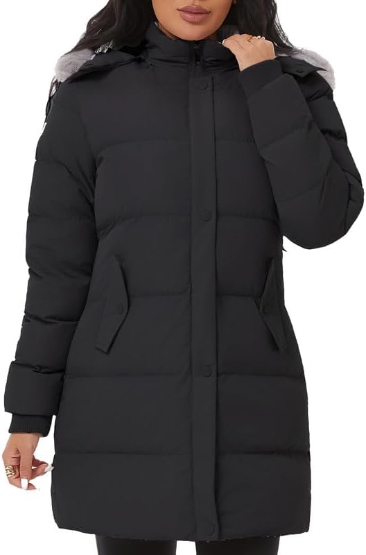 KVE Women's Hooded Mid-Length Insulated Puffer Coat