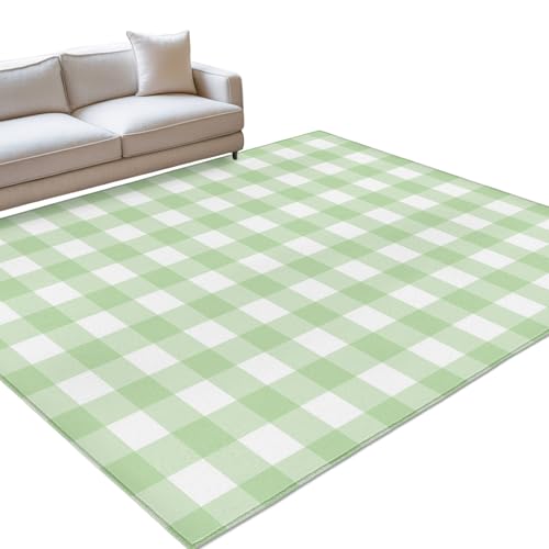 Xibuciein Mint Green Checks Felt Area Rug with Dotted Non-Slip