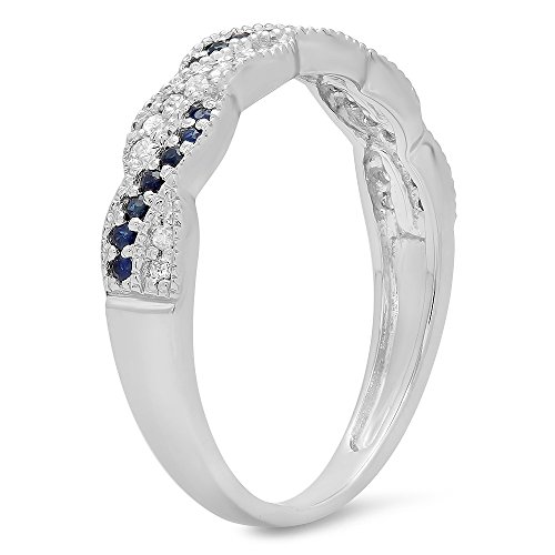 Dazzlingrock Collection Round White Diamond & Blue Sapphire Womens Anniversary Wedding Stackable Band Swirl Ring, 14K Solid White Gold2
